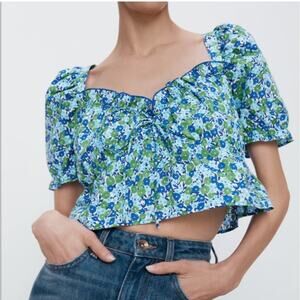 Zara‎ Women's Puff Sleeve Sweetheart Neckline Peplum Cropped Floral Top Large